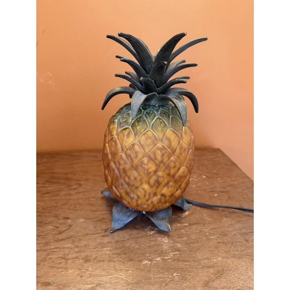 Andrea by Sadek Pineapple Accent Lamp | Brass Patina Leaves Vintage MCM